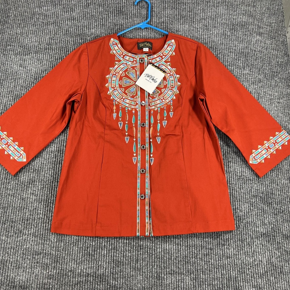 Bob Mackie Wearable Art Jacket Womens Small Rust Embroidered 3/4 Sleeve Button